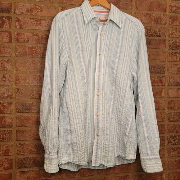 Tommy Bahama Cotton Blue & White Striped Boyfriend Shirt Size Medium - Picture 1 of 3